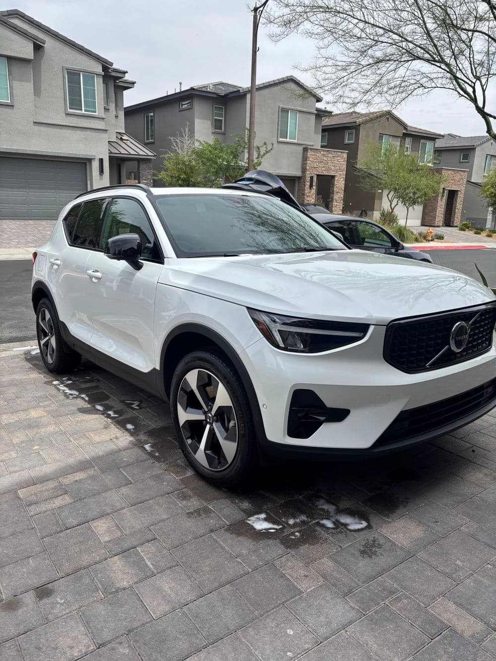White Volvo XC40 parked on a residential street with modern homes in the background.